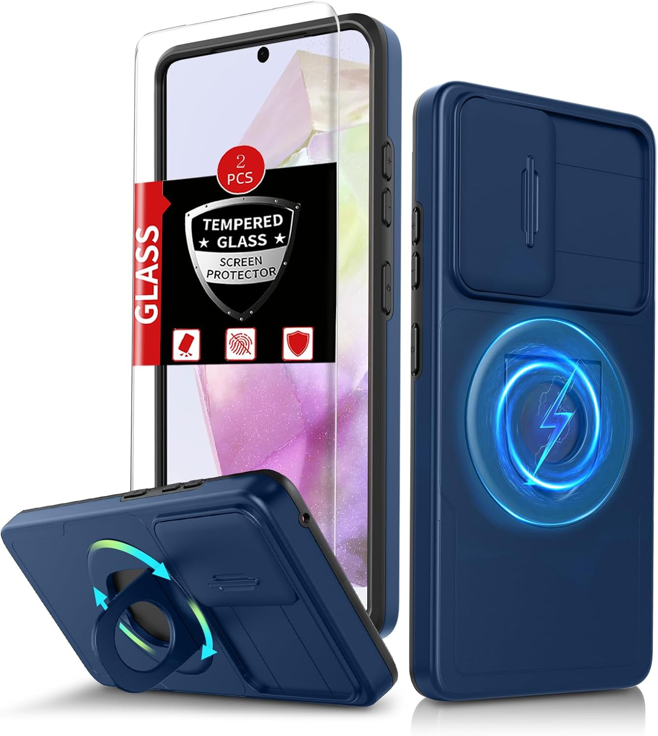 for Samsung Galaxy A35 Case with 2 Screen Protectors,Built-in Slide Camera Cover,with 360°Kickstand Ring for A35 Case Shockproof Anti-Scratch Military-Grade Drop Heavy Duty Protection Blue