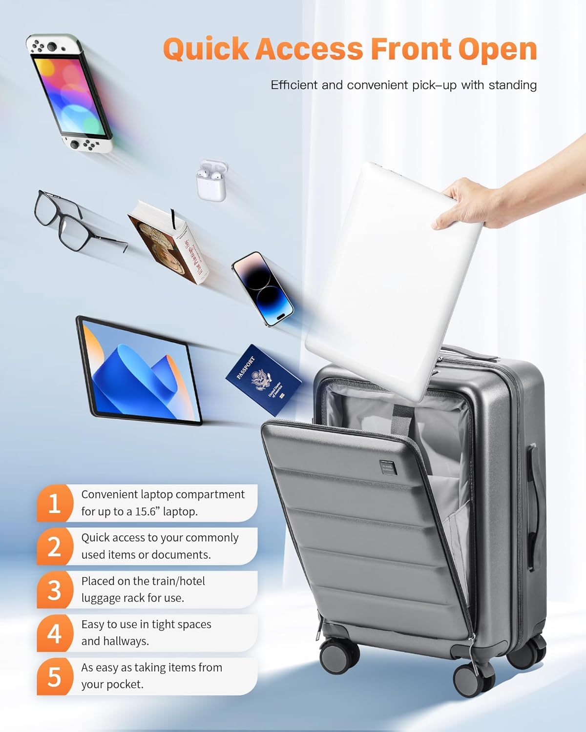 20 IN Carry On Luggage 22x14x9 Airline Approved - Front Pocket Hardside Travel Suitcase Unbreakable -with Cup Holder,Charging Port,Side Pothook, 360°Spinner Wheels, TSA Lock-Grey