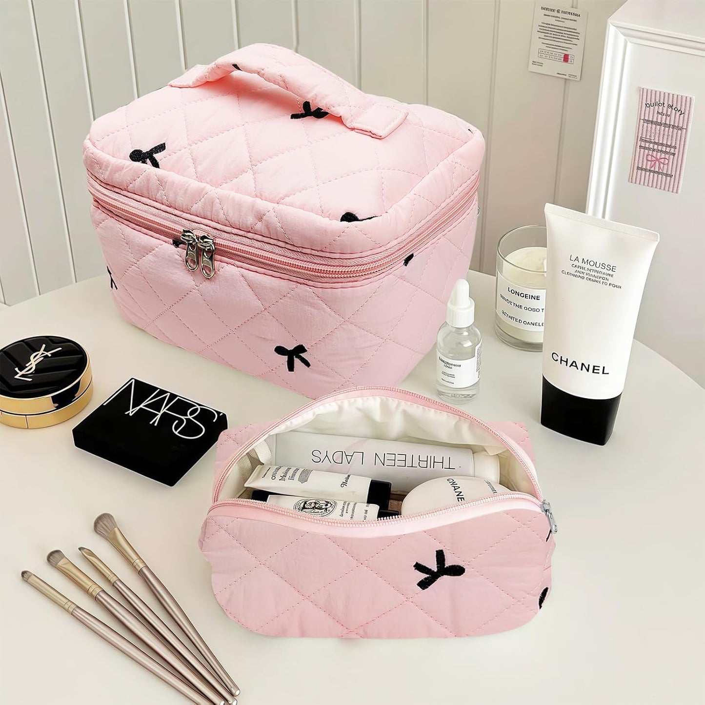 Quilted Cosmetic Bag Large Capacity Travel Cosmetic Bag for Women and Girls Aesthetic Storage for Daily and Travel Use Pink Bowknot 4pcs Pink Embroidery Bowknot