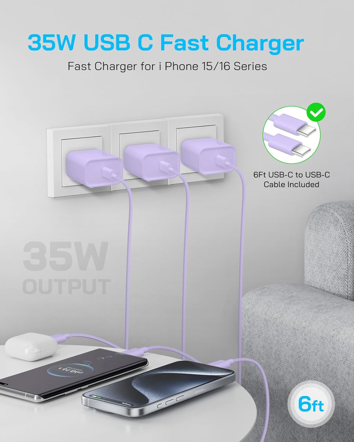 35W i Phone 17 16 15 Charger Fast Charging, 3-Pack USB C Charger Block Type C Chargers 6 FT Type C to C Cable for i Phone 17/17 Air/17 Plus/17 Pro/17 Pro Max/16/16 Plus/16 Pro Max/15 Series-Purple