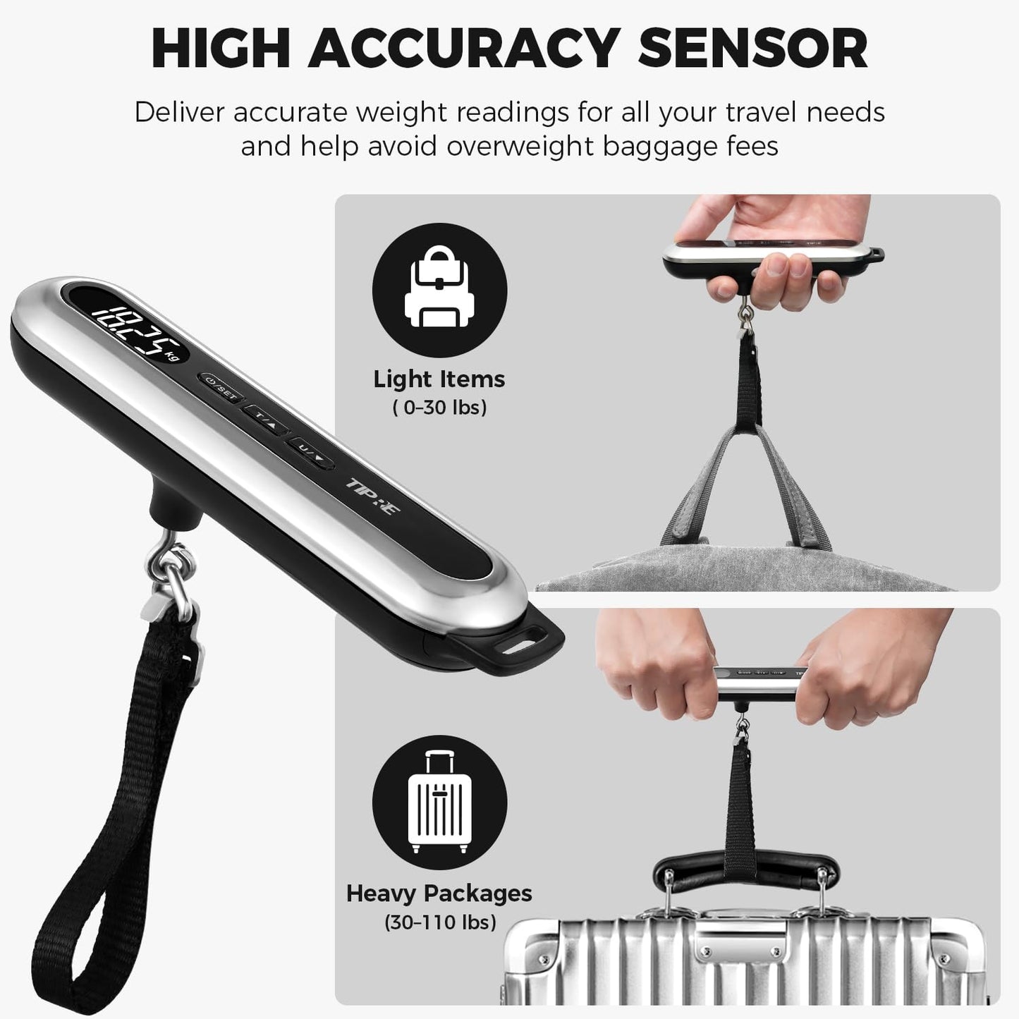 Travel Luggage Scale 110lb Digital Suitcase Scale Portable Weight Scale Handheld Baggage Scale High Precision Stainless Steel Luggage Scale Carry-on Weight Scale Lightweight Travel Tool