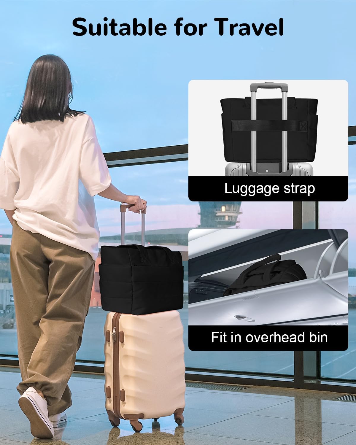 Puffer Tote Bag with Zipper for Women, Lightweight Quilted Handbag with Laptop Compartment for Work Nurse