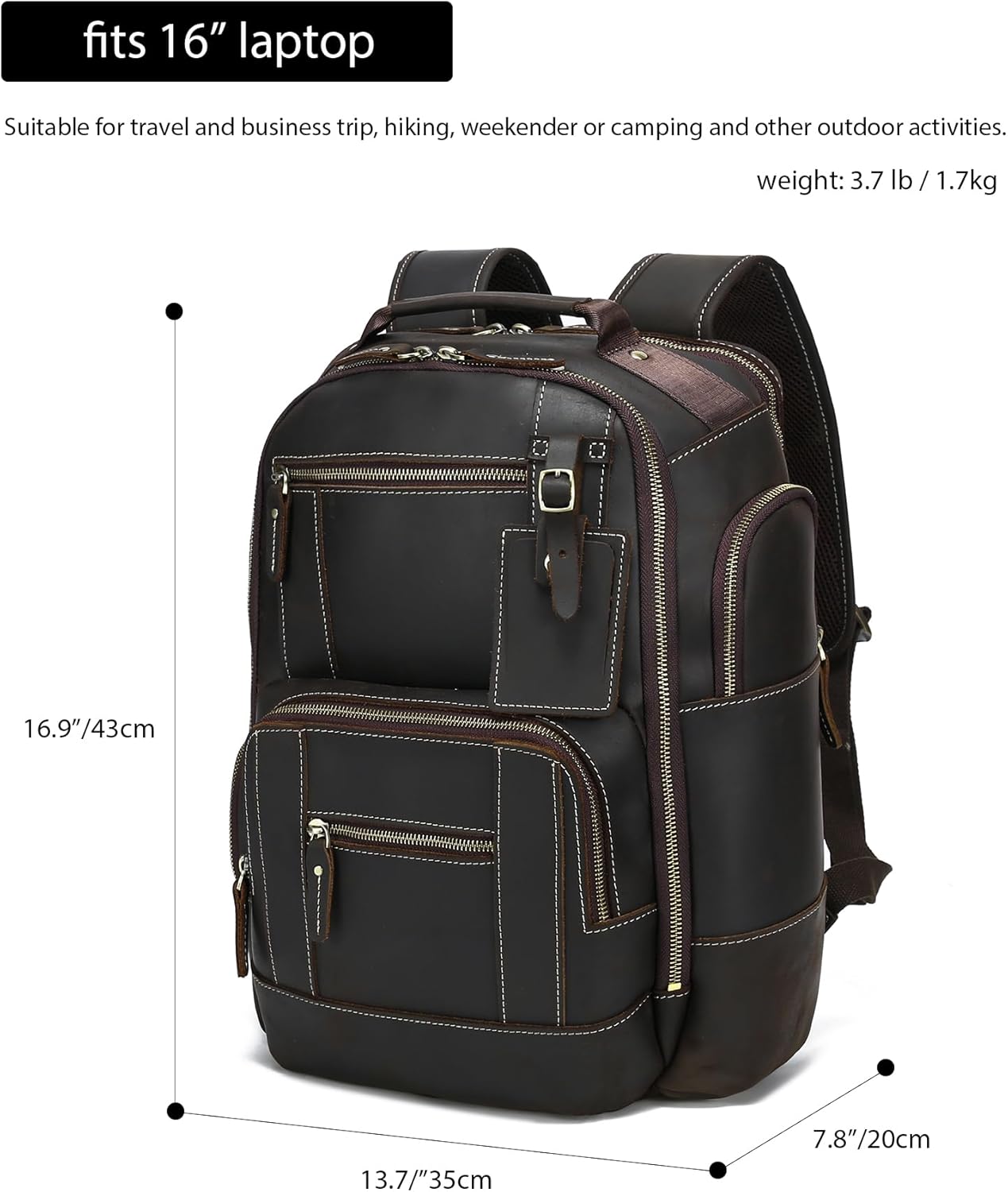 LANNSYNE Vintage Genuine Leather Backpack for men, 15.6" Laptop Backpack Travel Camping 24L Rucksack