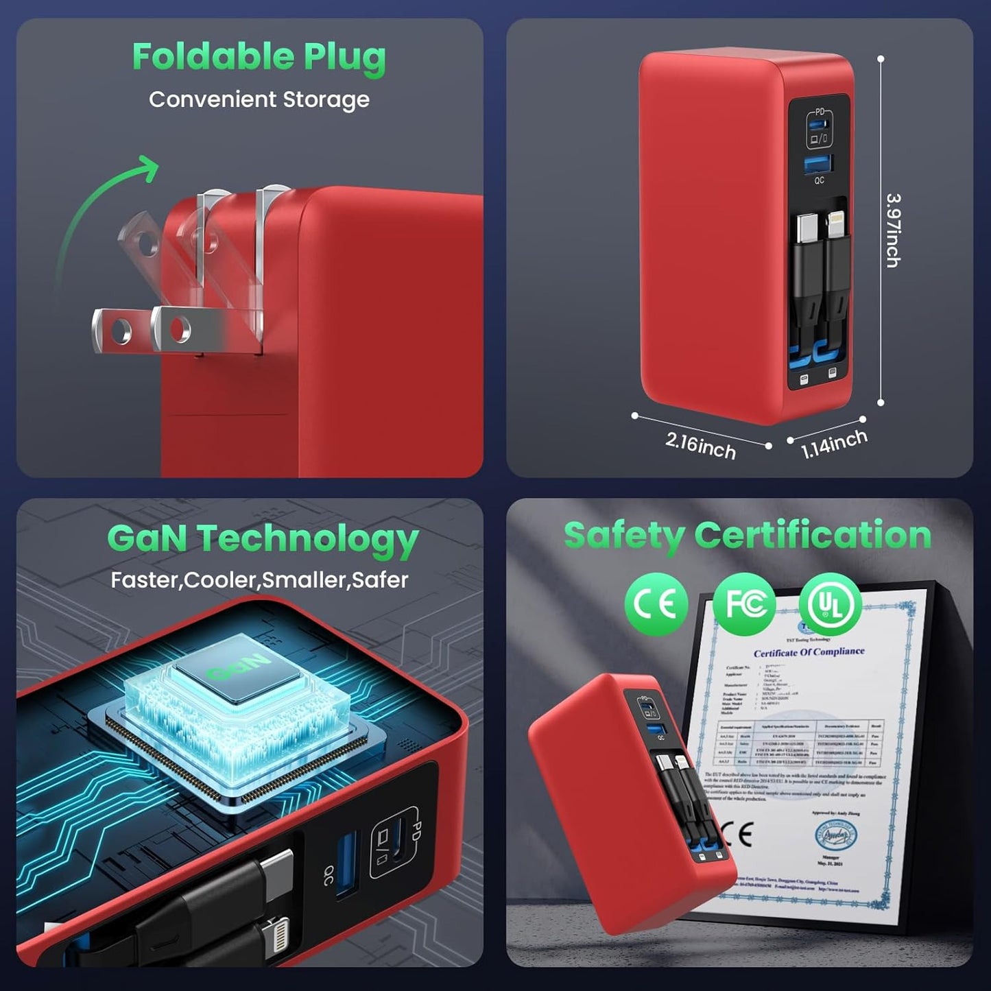 120W USB C Charger Block with 2 Built-in Retractable Cables,4-in-1 GaN IV Foldable Plug Wall Charger Fast Charging Station,PD 65W Laptop Adapter for MacBook/iPad,iPhone 17/16/15/14,Galaxy,Android-Red