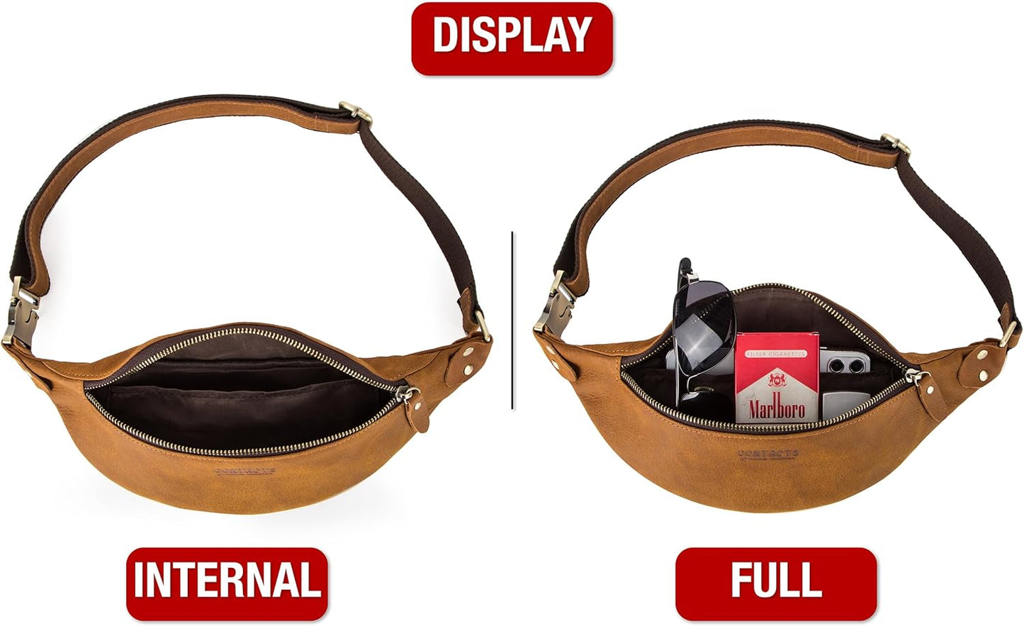 Top Grain Genuine Leather Slim Waist Pack for Man & Woman, Minimalist Vintage Design, Handmade with Detachable Hardware, Slim Fanny Pack Small Crossbody Belt Bag for Traveling or Riding, Brown