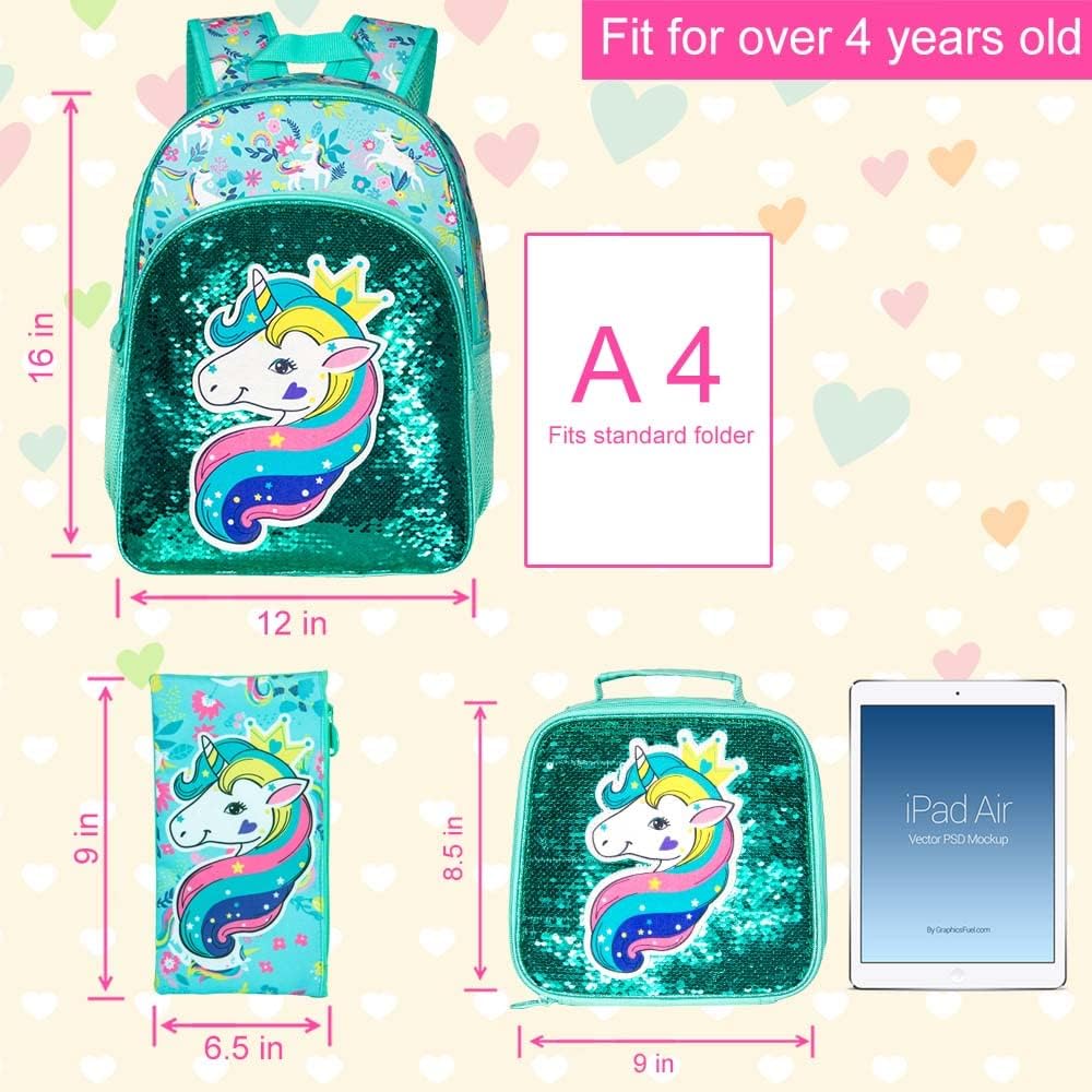 3PCS Kids Backpacks for Girls, 16" Little Kid Preschool School Bookbag and Lunch Box - Unicorn/Mermaid/Flamingo