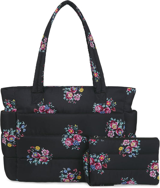TOPDesign Puffer Tote Bag for Women, Lightweight Puffy Handbag with Compartments, Quilted Shoulder Bag for Work, Travel, Gym