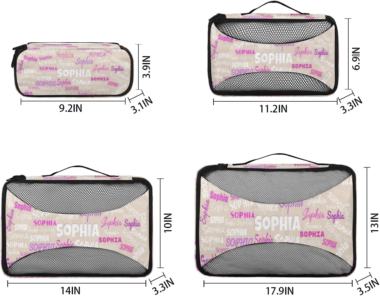 Custom Name 4 Pcs set travel luggage organizer Mesh Travel Essentials for Suitcases, Beige Background