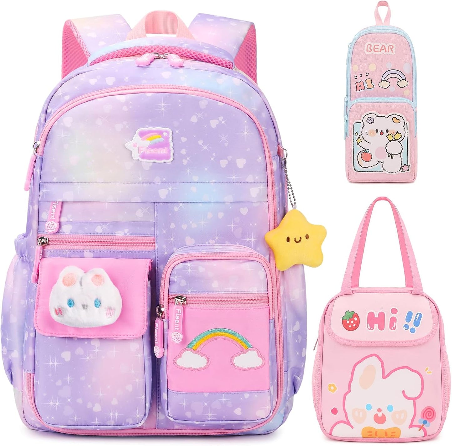 3PCS Kids Backpack for Girls, Girls Backpack Set,Cute Bunny Rainbow School Backpack with Lunch Box Pencil Case 16.5in