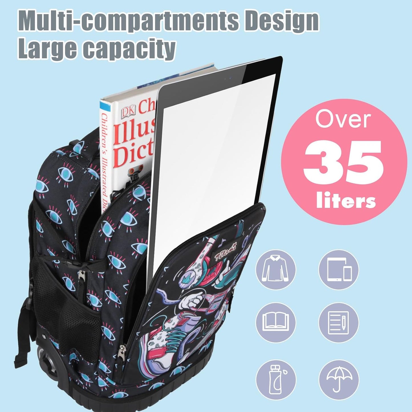 Tilami Rolling Backpack for Kids 18 Inch Wheeled Bookbag for Boys & Girls for School & Travel,Sports Black