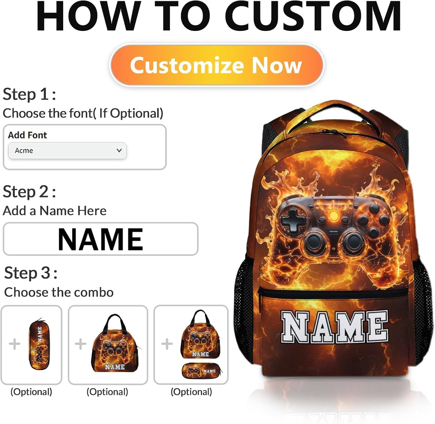 Kids School Backpack, Personalized Cool Game Bookbag for Preschool Elementary Kindergarten, Cool Boys Schoolbag for Travel Camping