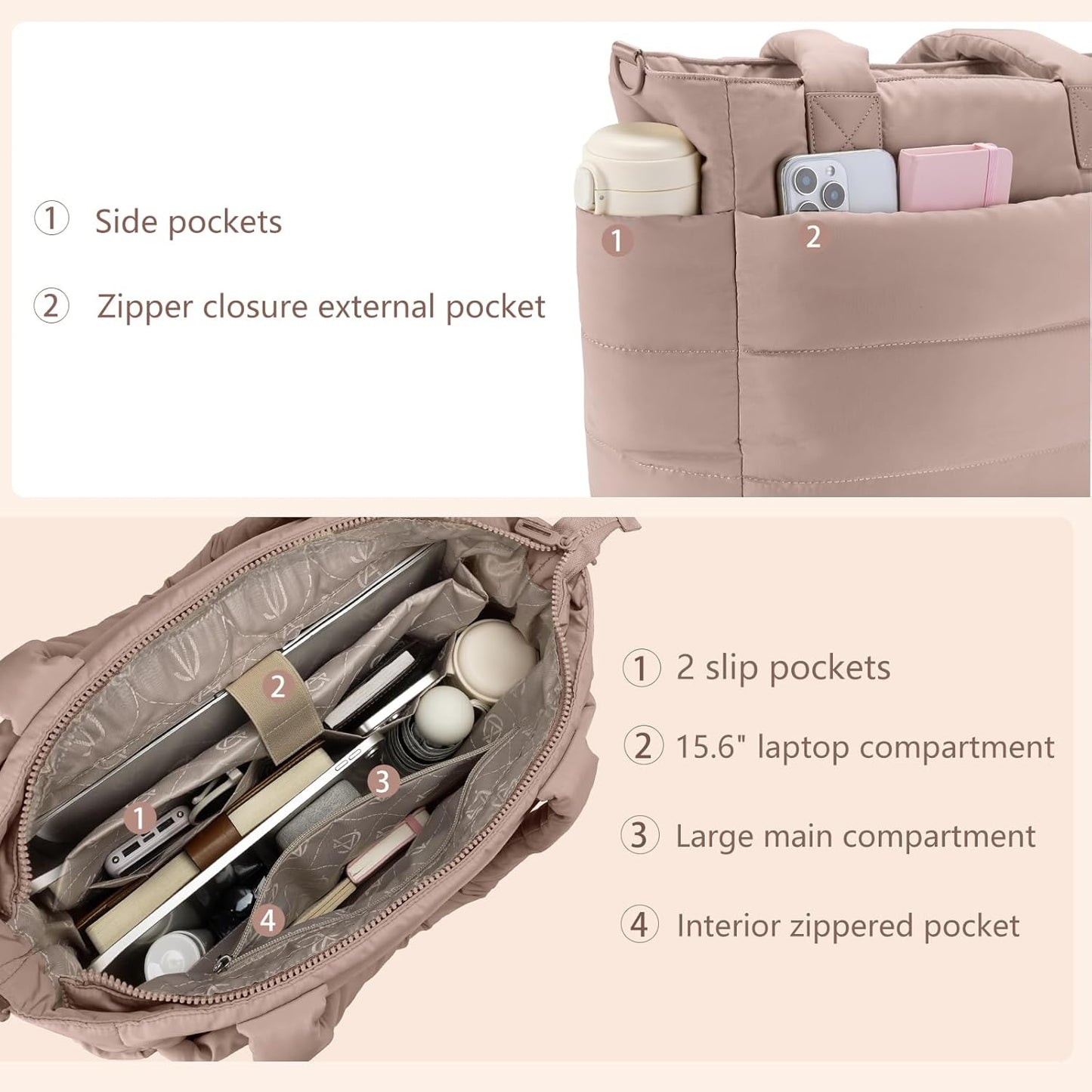 Tote Bag for Women Puffer Tote Bag Large Nurse Bags Shoulder Handbag with Zipper for Work Travel