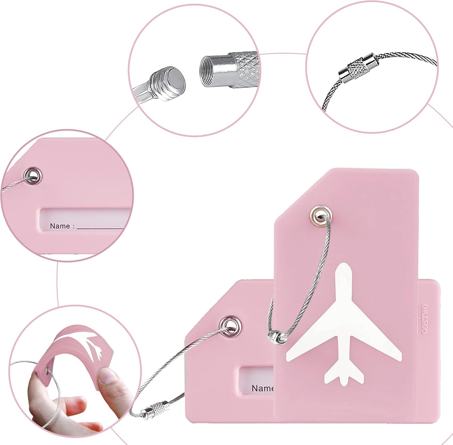 Gostwo 2 Pack Silicone Luggage Tags for Suitcases, 26 Initial Letter Baggage Labels Handbag School Bag Suitcase Instrument Tag with Stainless Steel Loop(Pink)(Airplane)