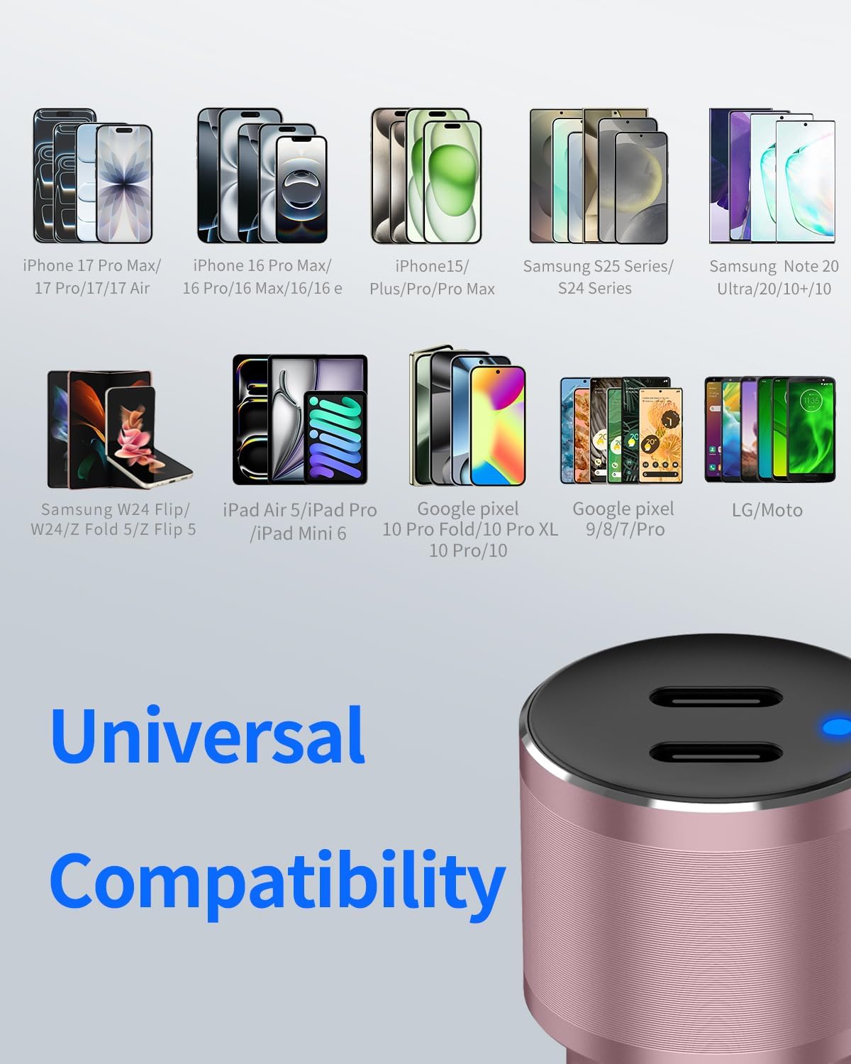 Dual 45W USB C Car Charger, 90W Max Super Fast Charging, All Metal 12V Cigarette Lighter Adapter for iPhone 17 Pro Max/16/15/iPad, Samsung Galaxy S25/S24, Google Phones with 2 Type C Cable 3.3ft Pink