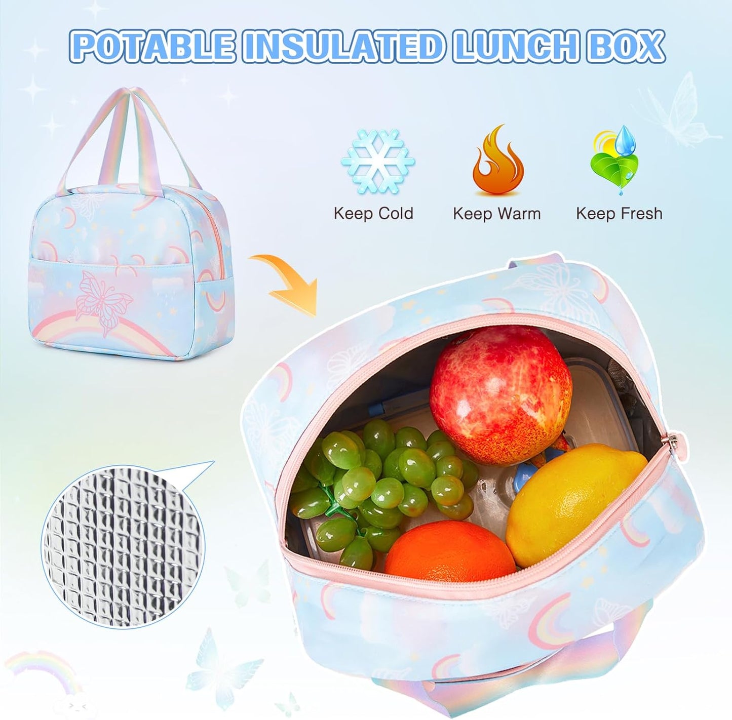 Backpack for Girls, Rainbow Butterfly Girls Backpacks with Lunch Bag Pencil Case Set, Kids Backpack