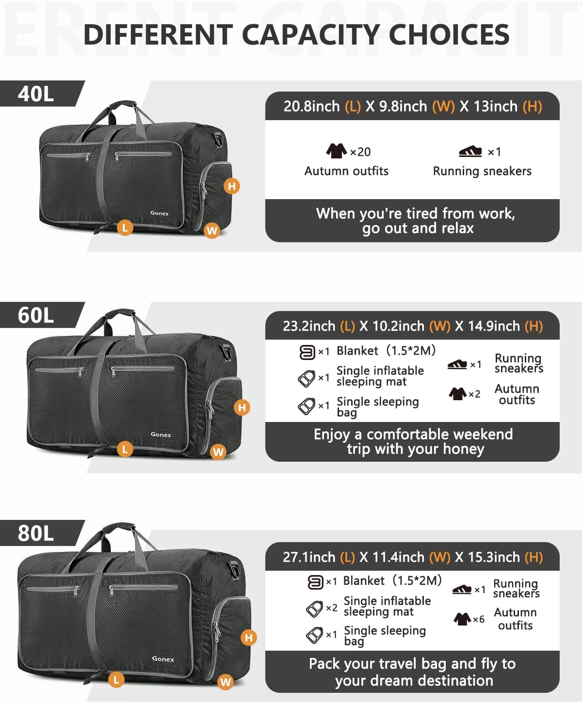 Gonex 40L 60L 80L 100L 150L Large Foldable Travel Duffle Bag with Shoes Compartment, Packable