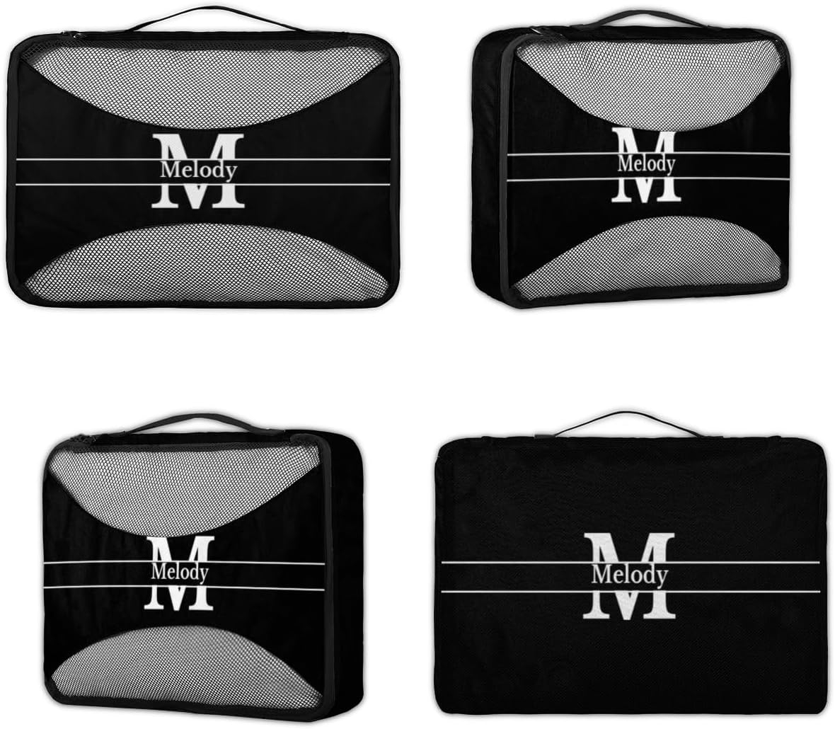 Personalized Packing Cubes, Set of 4 with Zipper Handles for Men Boys, Custom Name Travel Suitcases Luggage Packing Organizers, Solid Black with Initial Letter