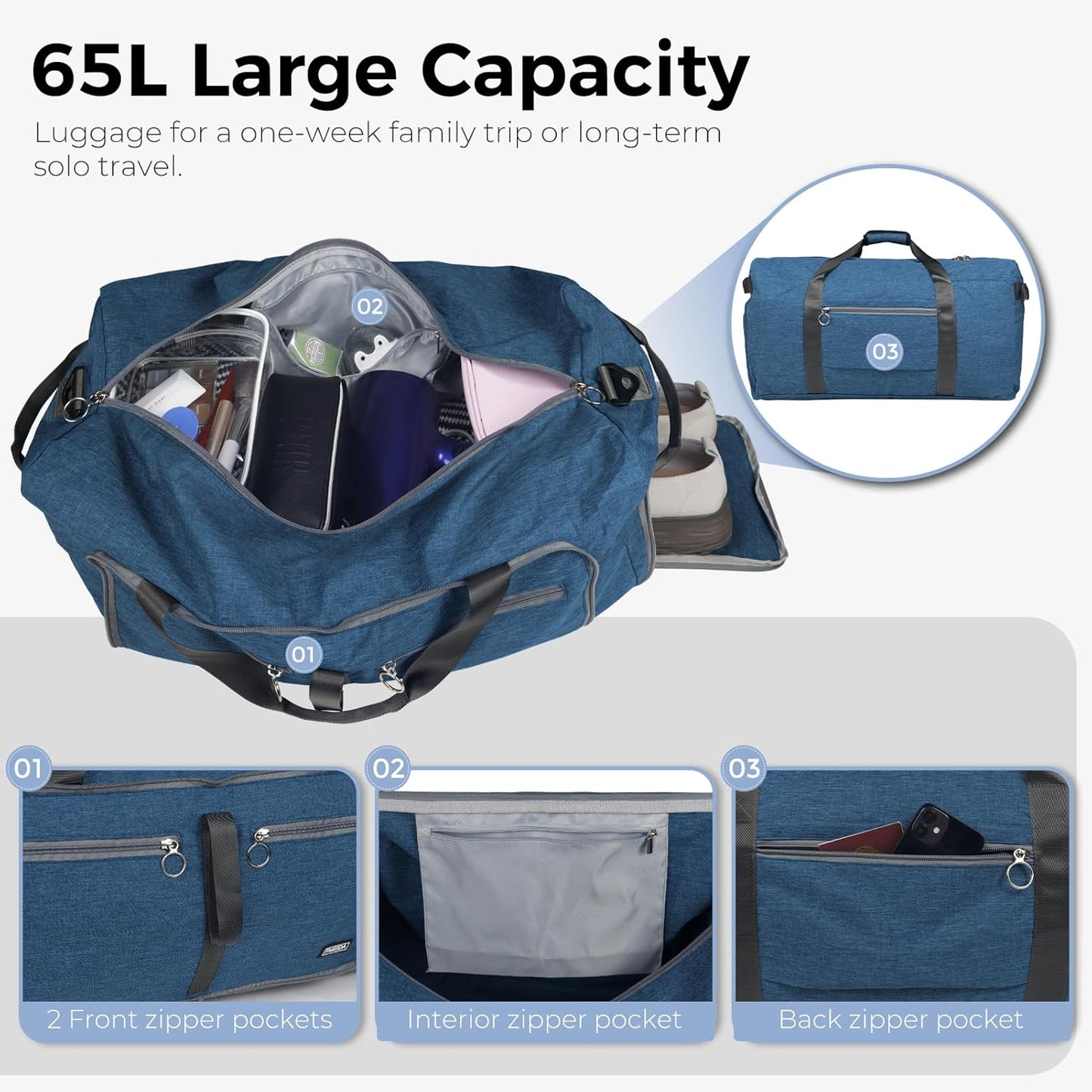 Fmeida 65L Duffle Bag with Shoes Compartment, Foldable Travel Duffel Bags for Men Women, Large