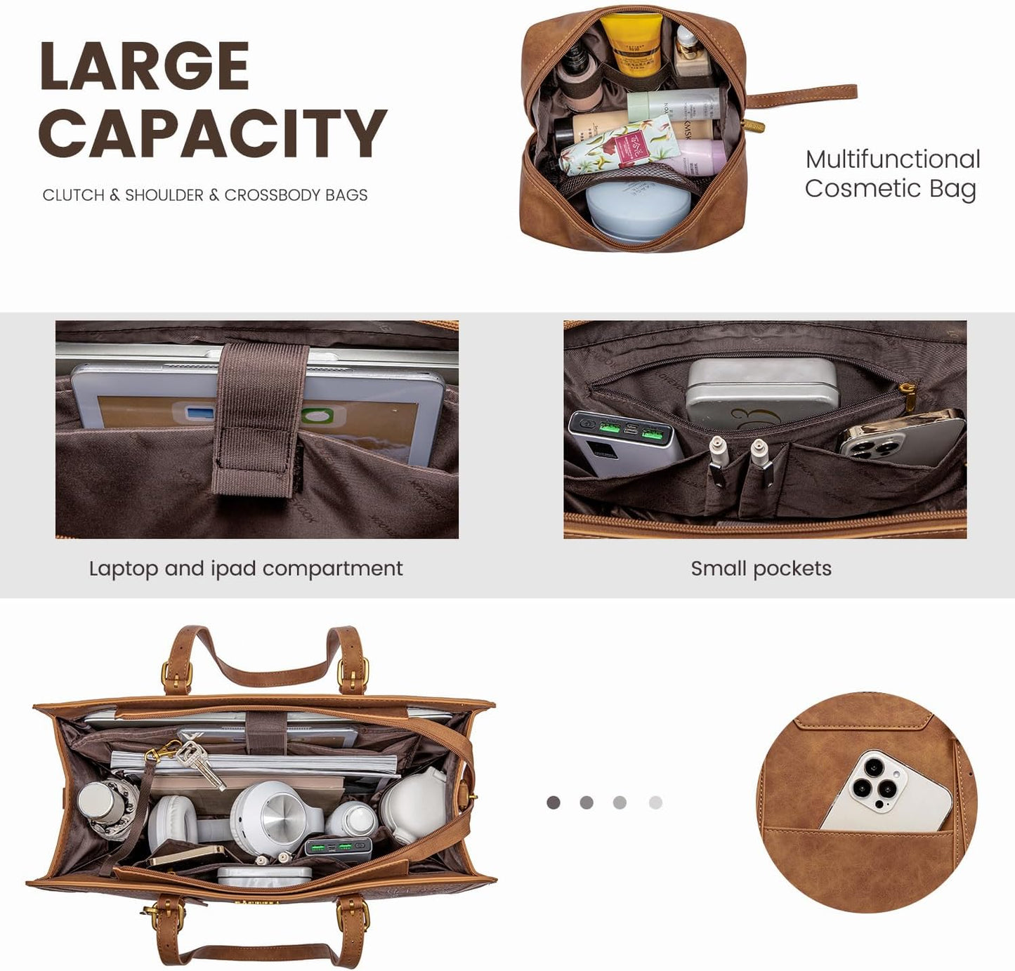 LOVEVOOK Laptop Bag for Women Vintage Leather Work Tote 17.3 inch Large Capacity Computer bag with Clutch Purse for Office, Travel, Casual