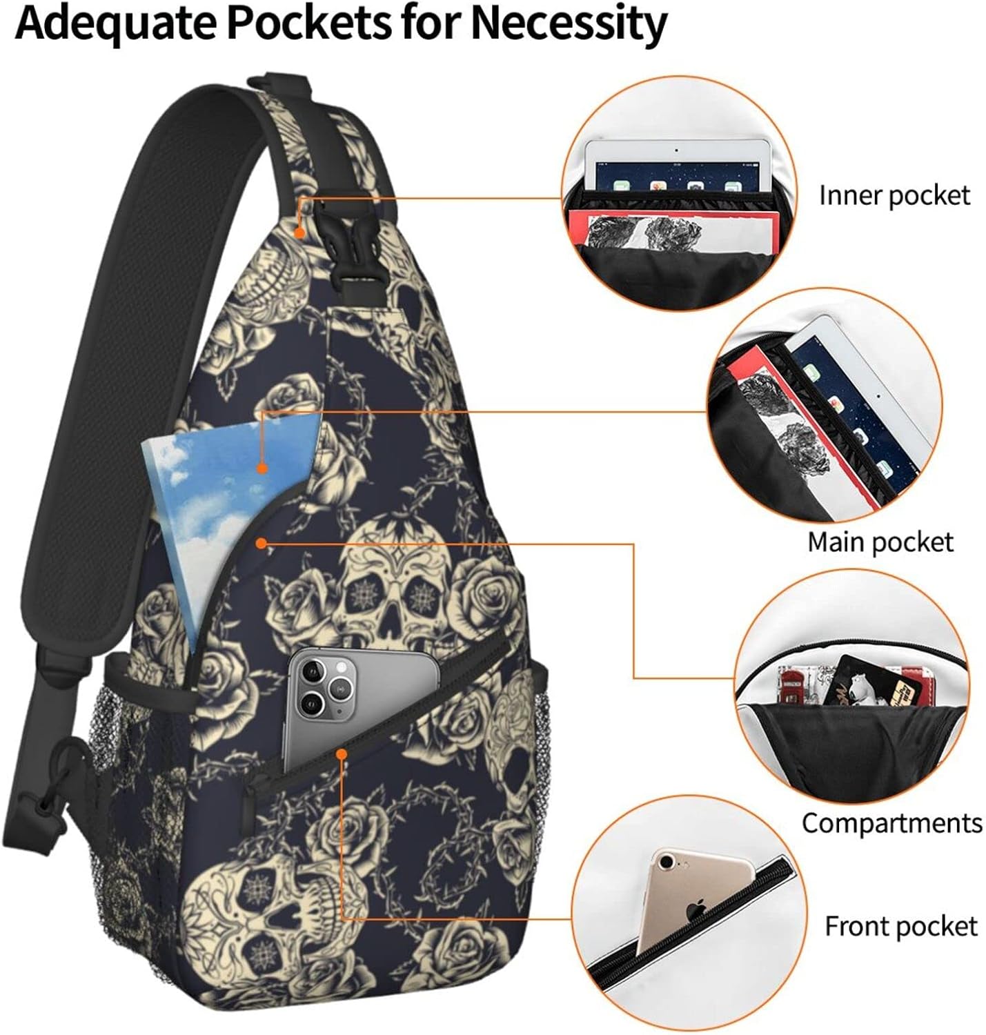 bassyil Skull Rose Sling Bag Crossbody Travel Hiking Chest Backpack Shoulder Daypack for Women Men