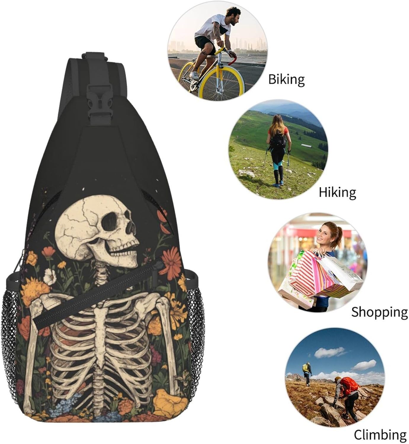 SUPLUCHOM Sling Bag Skeleton Flower Skull Vintage Hiking Daypack Crossbody Shoulder Backpack Travel Chest Pack for Men Women