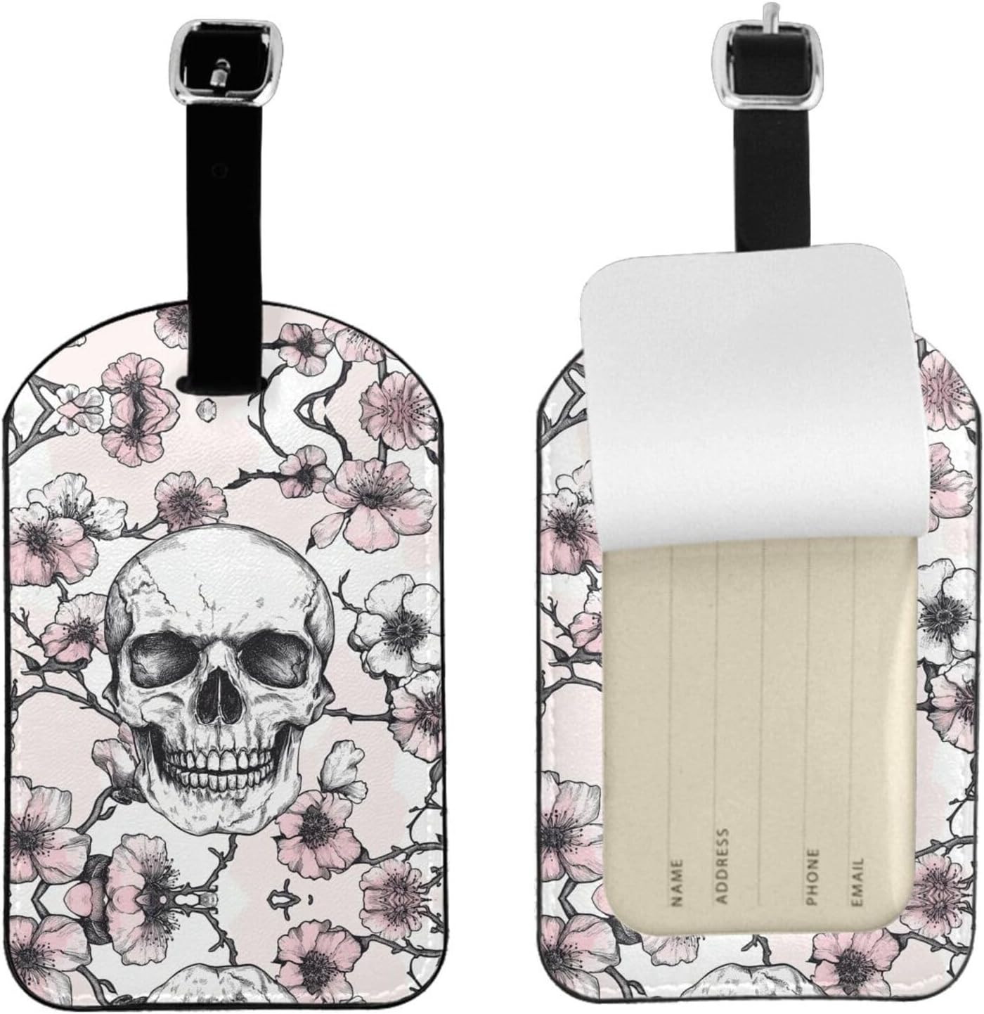 Skull Head Flower Luggage Tag Leather Suitcase Tags Cute Luggage Identifiers for Suitcases Privacy Cover Travel Name Tag for Kids Adult