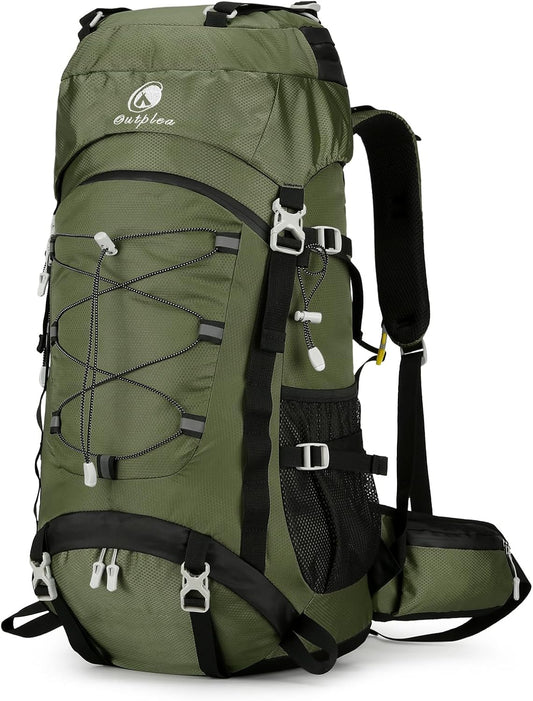 60L Waterproof Backpacking Hiking Backpack with Rain Cover for Men Women, Large Camping Backpack, Green