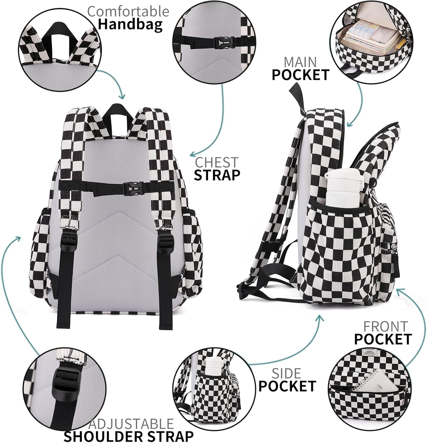 Corduroy Kids Backpack for Boys Girls 2-5 Toddler Backpacks for Primary Elementary Kindergarten (Checkered Black, Small(13.7" H Fit A4 Folder))