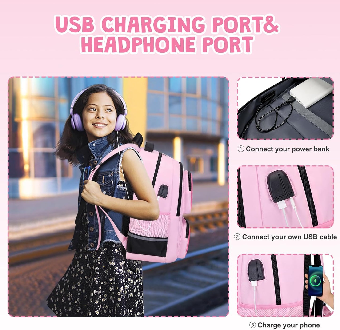 Gamer Backpack for Girls - Cool Luminous School Backpacks for Girl with Lunch Bag Pencil Case - Kids Girls Backpack Elementary Middle School Book Bags for Teen with USB Charging Port (Pink