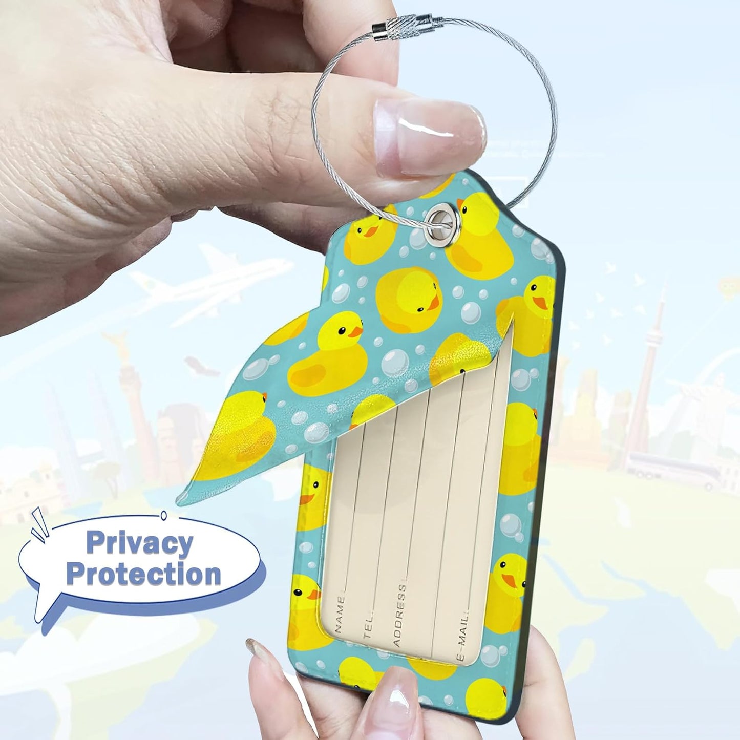 2 Pack Luggage Tags,Leather Suitcase Tags with Privacy Cover Name Address Labels& Durable Steel Loop for Men/Women Travel Bag Suitcases(Funny Cute Duck Yellow)