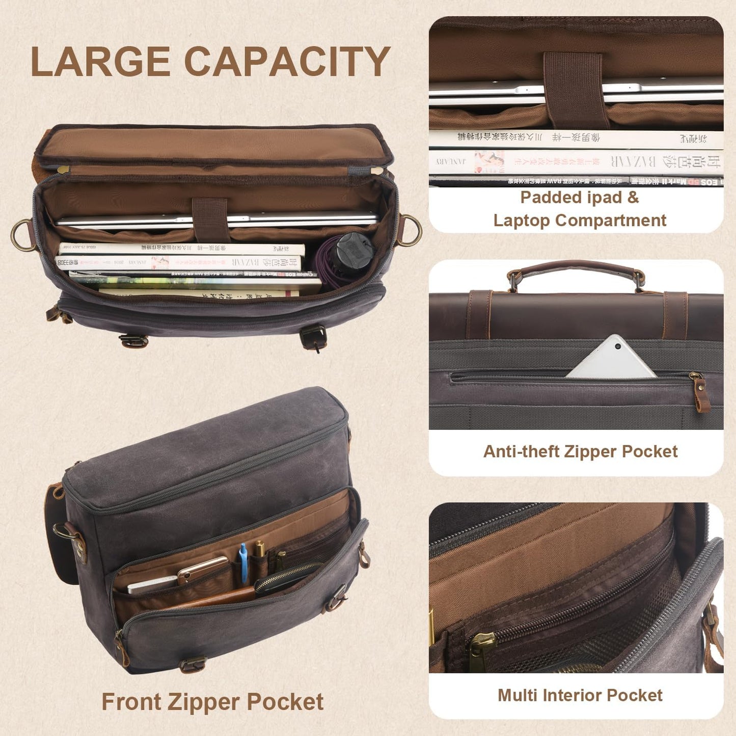 Mens Messenger Bag Waxed Canvas Laptop Briefcase 16“ Vintage Genuine Leather Crossbody Bags Waterproof Satchel Shoulder Bag
