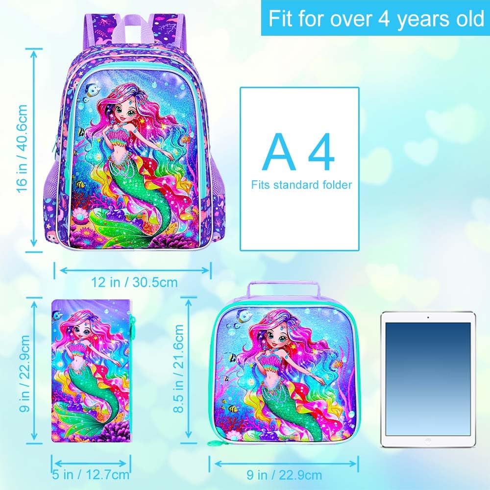 16" Mermaid Backpack, 3Pcs School Bookbag for Girls with Lunch Box, Kids Backpacks for Elementary
