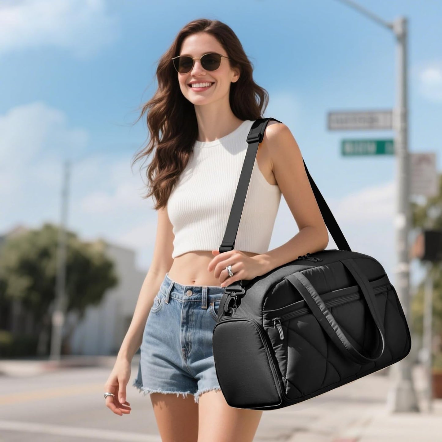 Gym Bag for Women, Puffer Travel Duffle Bag With Shoes Compartment & Wet Pocket, Carry On Tote Bag For Weekender, Overnight, Sport (Black)