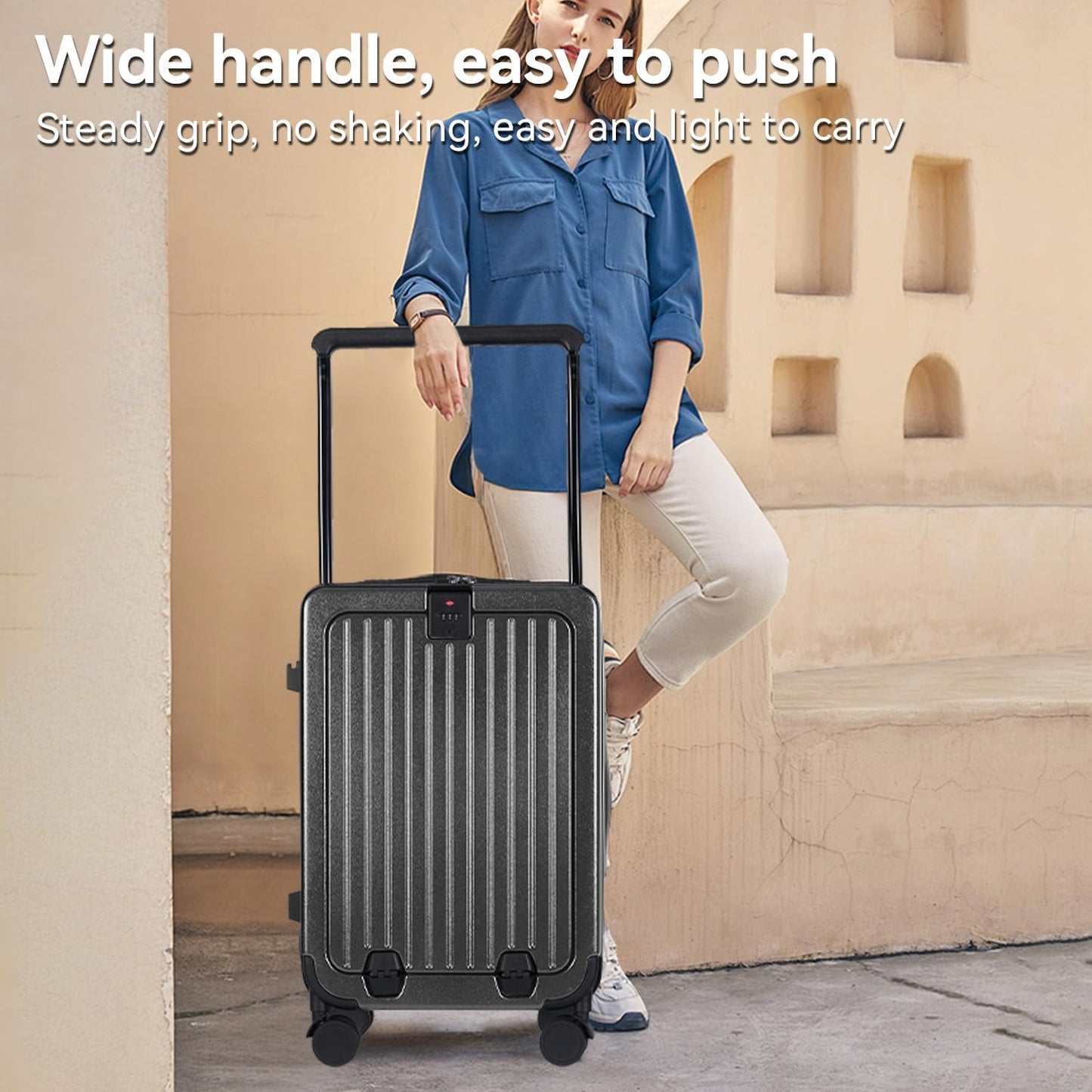 SOKOK Front Pocket Luggage Carry On with Spinner Wheels, Wide Handle Travel Suitcase PC Hardshell Durable Rolling Luggage for Business Trip with Charging Port and Cup Holder, Graphite