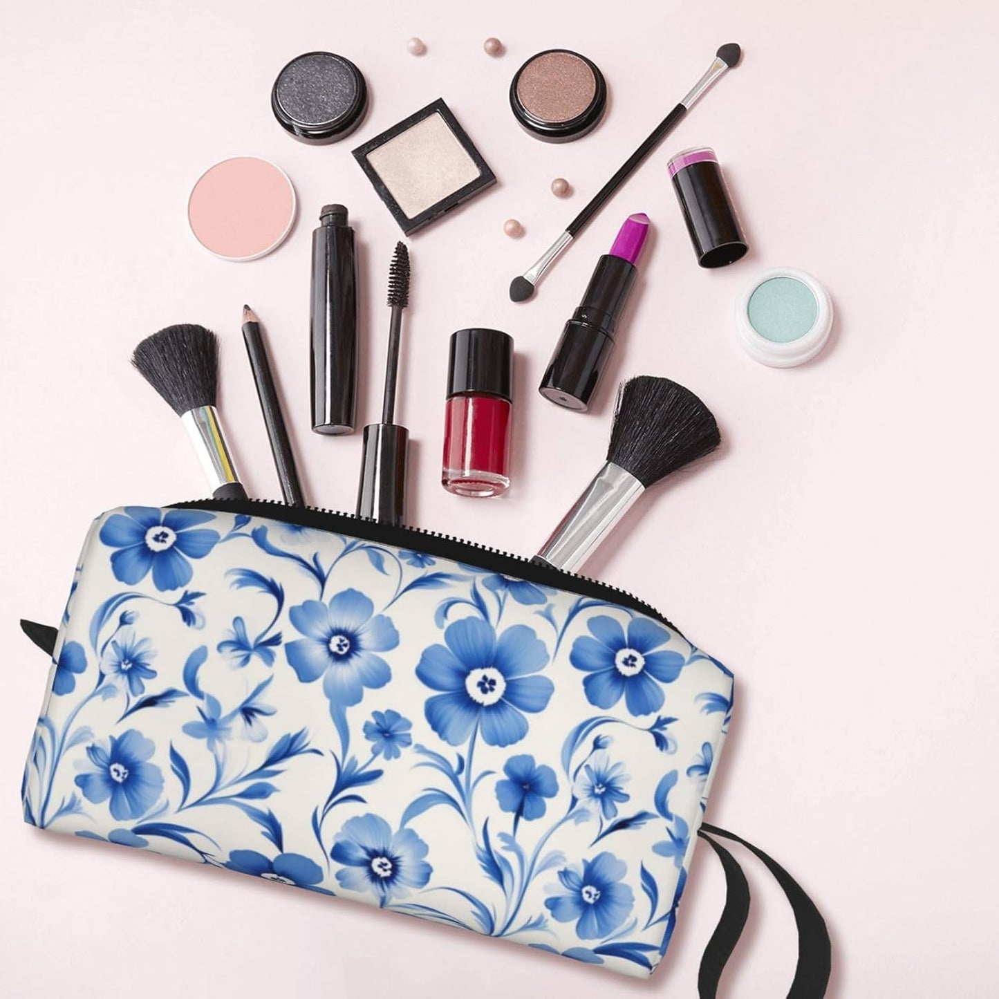 Blue Elegant Flower Makeup Bag Small Compact & Durable Travel Cosmetic Bag Organizer Oxford Fabric Multi-Purpose Storage Perfect for Travel, Gym, Daily Use