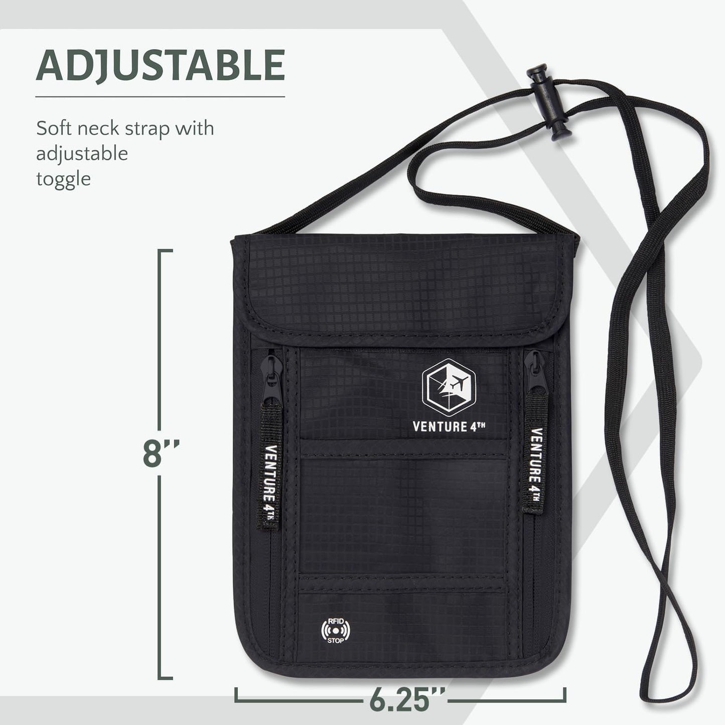 VENTURE 4TH Neck Wallet, RFID Blocking Passport Holder for Travel – Hidden Neck Pouch with 6 Compartments, Slim Lightweight Organizer with Adjustable Strap for Cash, Cards & Passport (Pure Black)