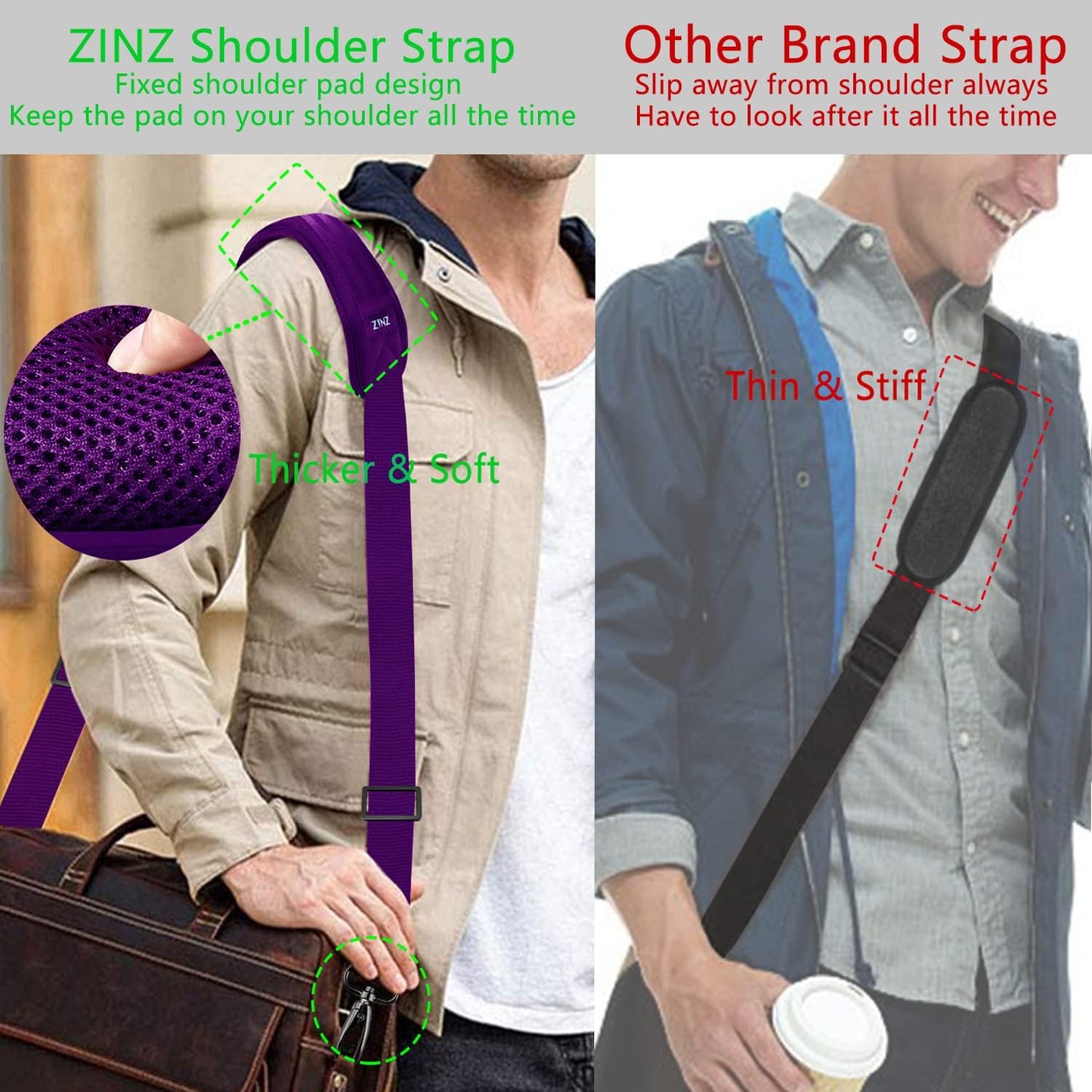 ZINZ 79 inch Shoulder Strap, Extra-thick Fixed Cushion Pad and Dual Clasps Universal Replacement