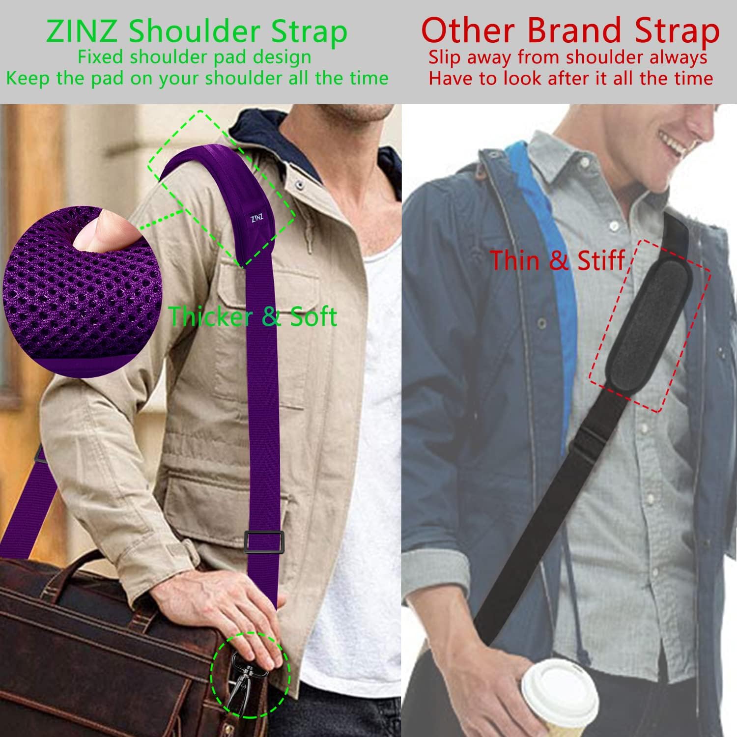 ZINZ 79 inch Shoulder Strap, Extra-thick Fixed Cushion Pad and Dual Clasps Universal Replacement