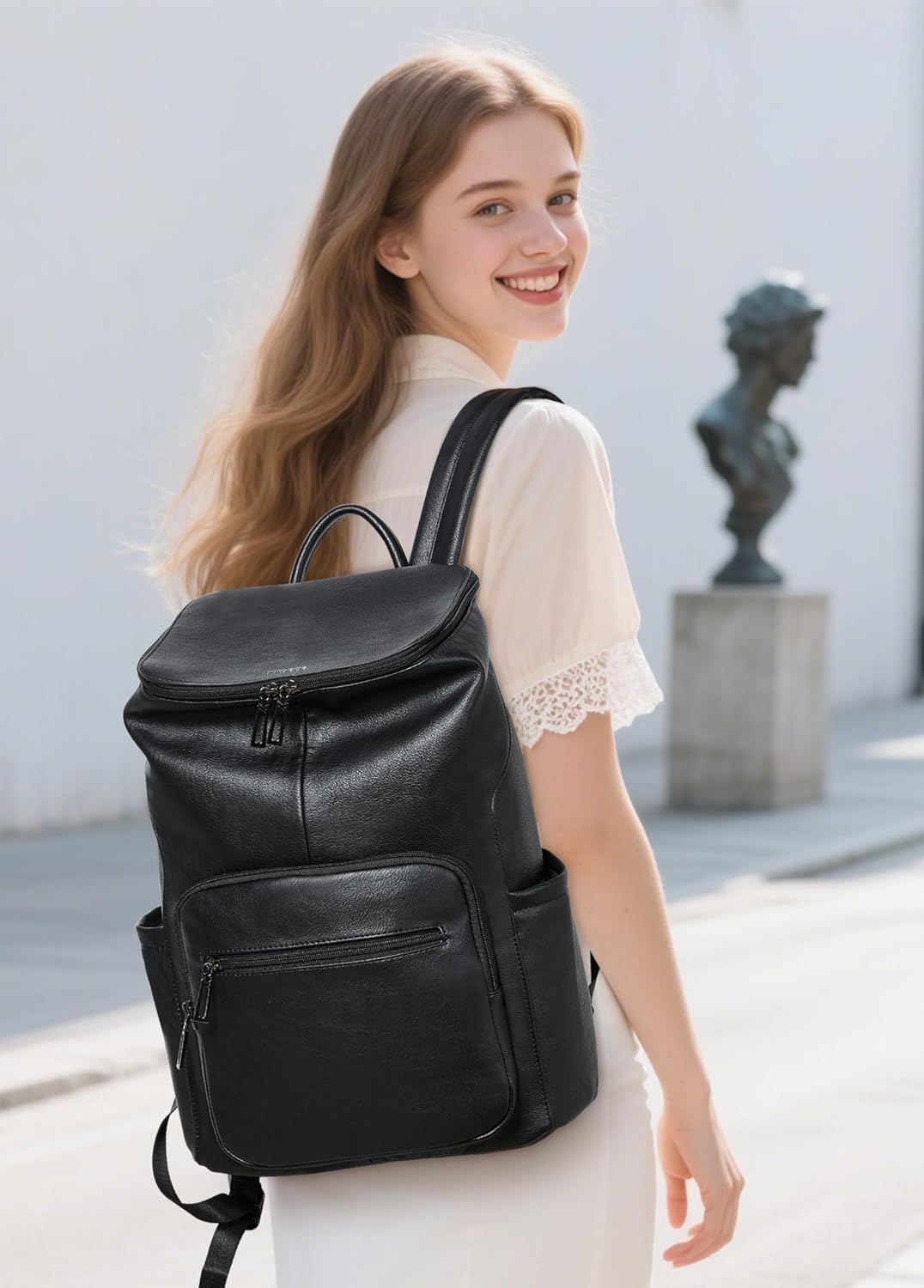 Leather Laptop Backpack for Women, 15.6 Inch Travel Backpack with Laptop Compartment, Casual Daypack Fashion Travel Backpack Purse for Travel College Work, Black