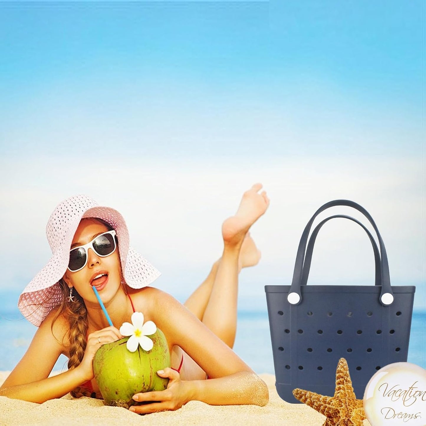 Tote Bag for Women - Large Rubber Beach Bag, Medium Waterproof Sandproof Travel Tote Bags for Beach Outdoor Sports