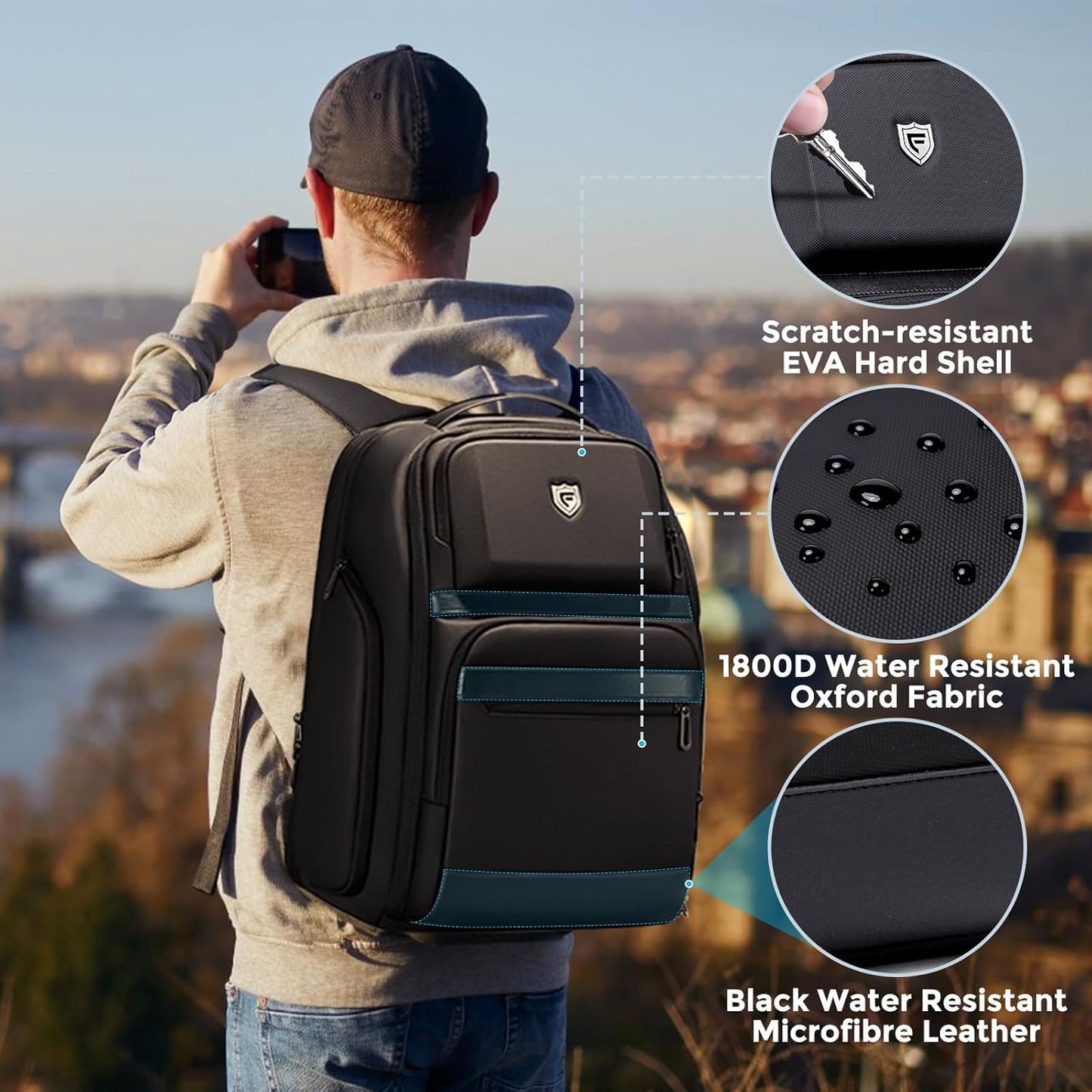 Travel Laptop Backpack for Men, Expandable Water Resistant 15.6 Inch Computer Backpack with USB Port, Mens Hardshell Laptop Bag for Business/Work/College, Black