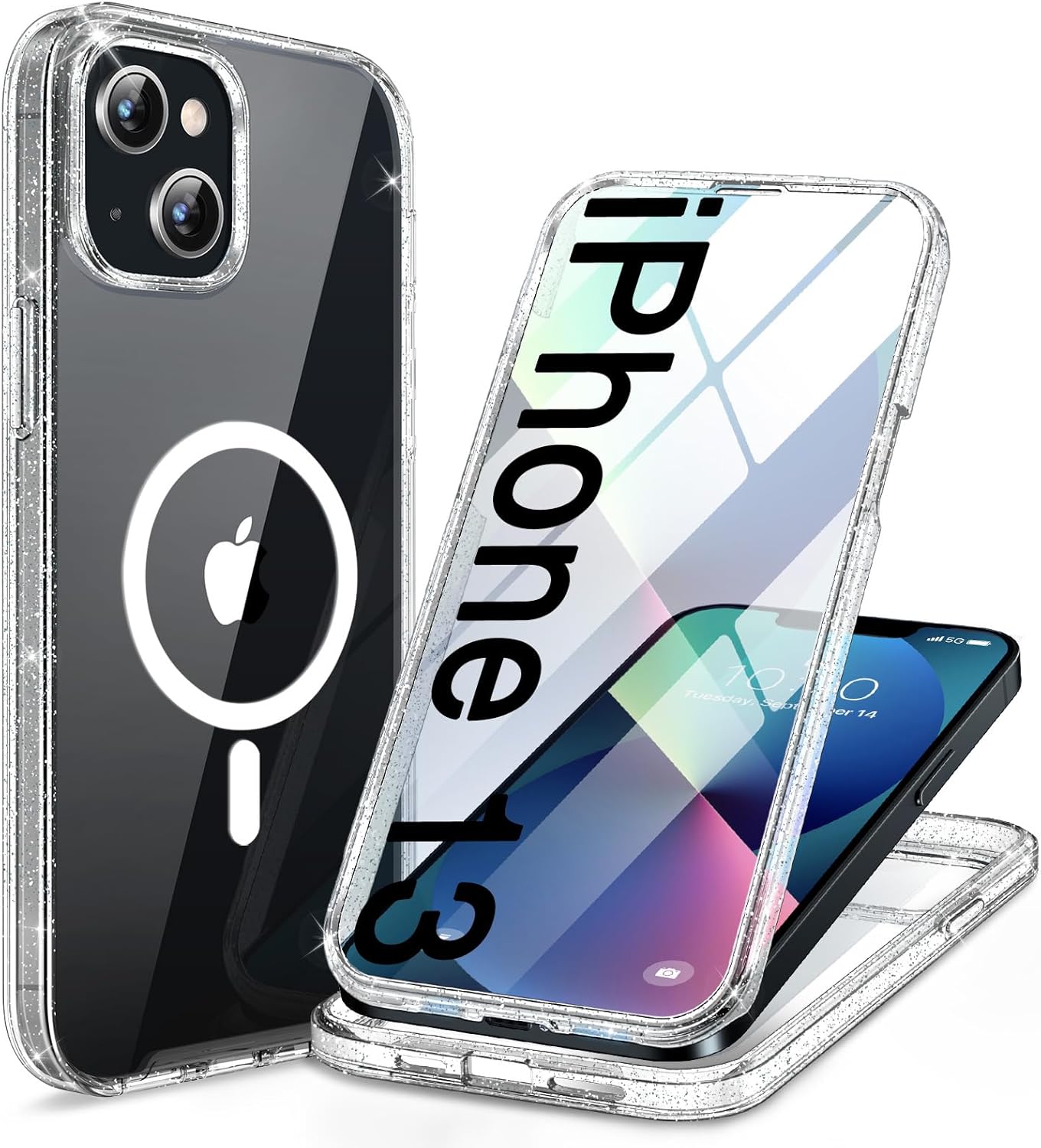 Miracase for iPhone 13 Case 6.1'', [Bubble Free] Full-Body Bumper Phone case with Built-in Full Glass Screen,No Gap,Compatible with MagSafe,Drop Proof 13 Cover,Clear Glitter
