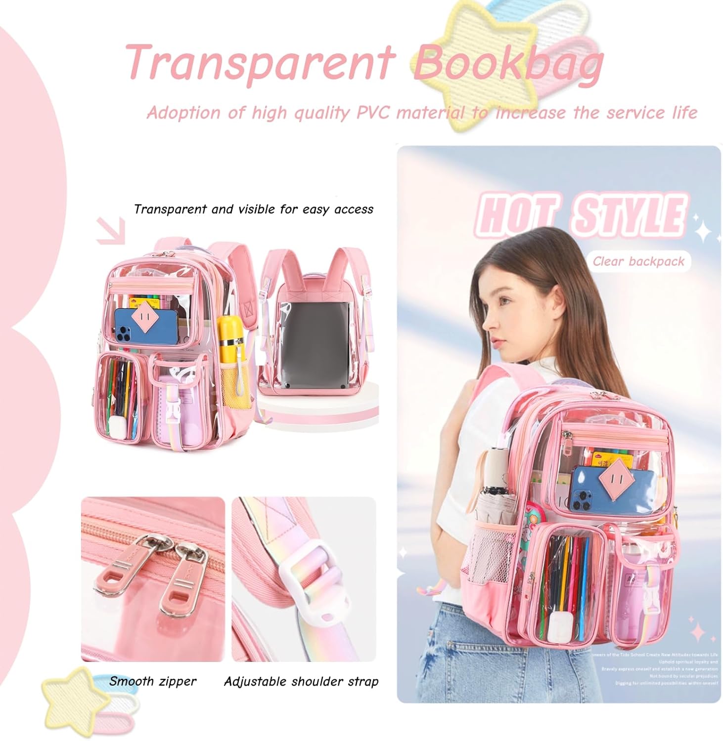 Clear Backpack for Girls Large Heavy Duty Transparent Bookbag for Middle School Kids Travel Daypacks