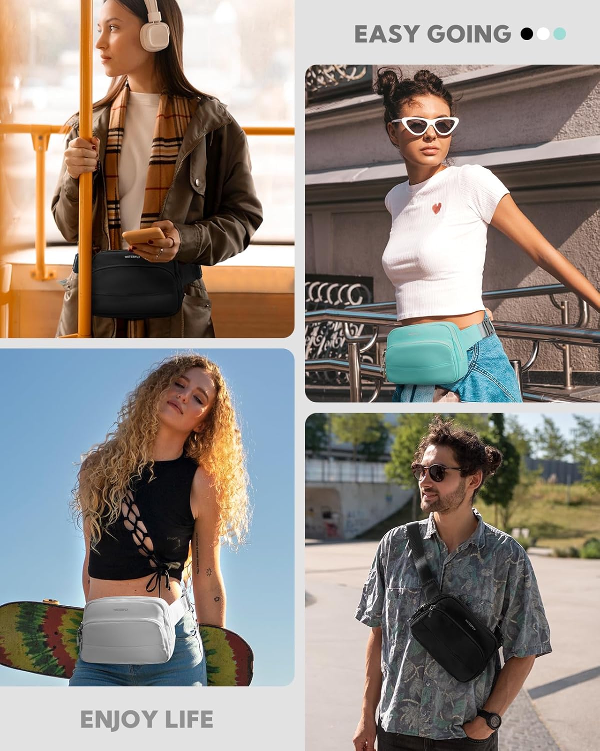 WATERFLY Waist Packs Fanny Pack: 2L Fashion Crossbody Bum Bags for Women Men Casual Waist Bag for