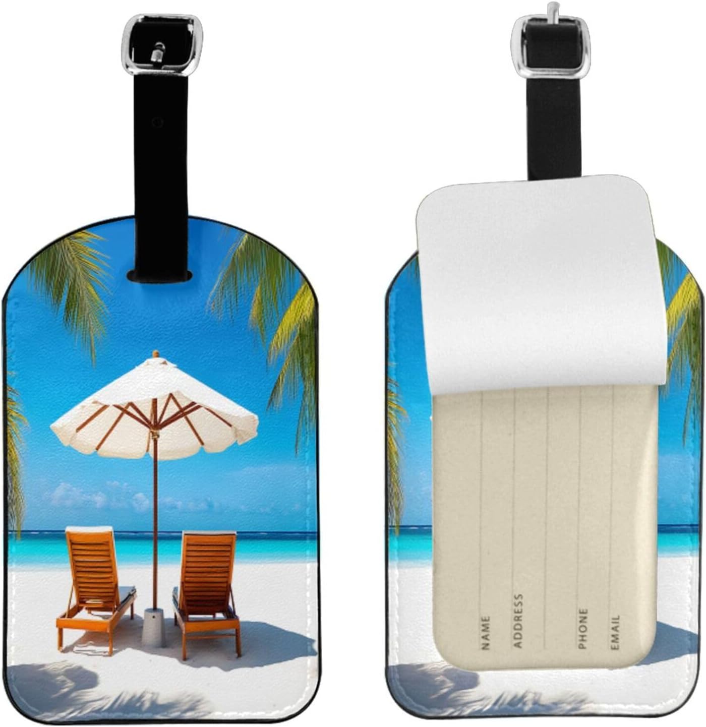 Tropical Beach Luggage Tag for Suitcases,Palm Tree Chair PU Leather Baggage Tags Bag Tags Travel Id Label for Luggage Women Men -1 Piece