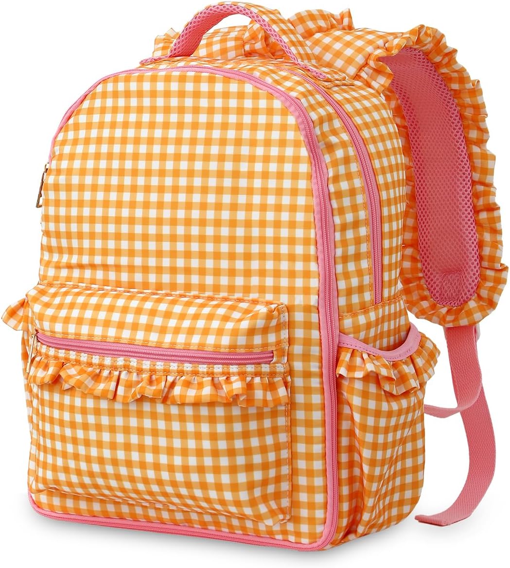 DYSHAYEN Kids Backpack for Girls, 15" Ruffled Backpack for School Kindergarten Bookbag 5-8, Fully Opened Compartment (Orange Gingham)