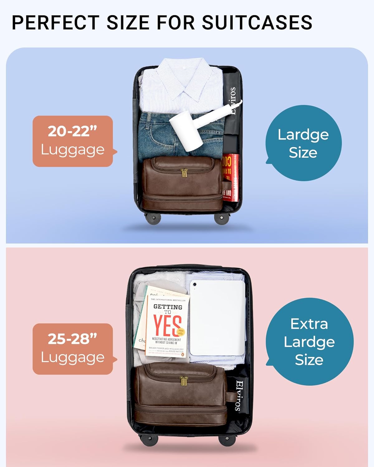 Elviros Toiletry Bag for Mens PU Leather Travel Organizer Kit with Hanging hook, Large Water-resistant Toiletries Bathroom Shaving Bags (Coffee)