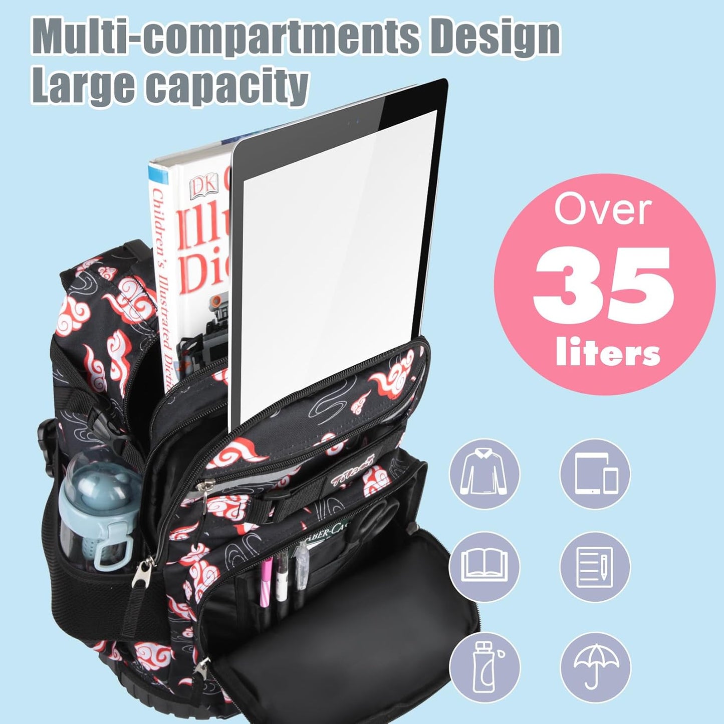 Tilami Rolling Backpack & Lunch bag for Kids 19 Inch Wheeled Bookbag for Boys & Girls for School & Travel,Clouds Black