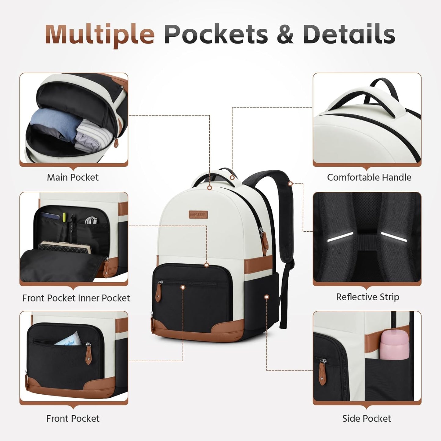 RealCool Laptop Backpack, 31L Travel Backpacks for Women Men, Fits up to 15.6-17 Inch,Water Resistant College Bookbag, for School Business Trip (Beige-Black)
