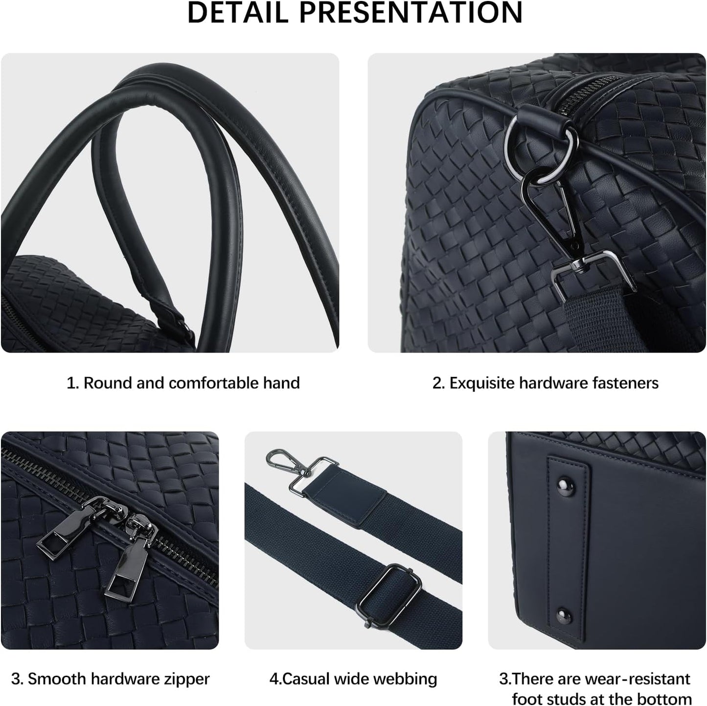Weekender Bags for Women Woven Leather Travel Duffel Bag with Shoe Compartment, Carry On Garment Bag for Men Women, Large Capacity Water-resistant Gym Tote (Dark Blue)